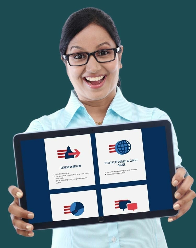 Smiling woman with ipad showing a 1 Day® Political Campaign Website